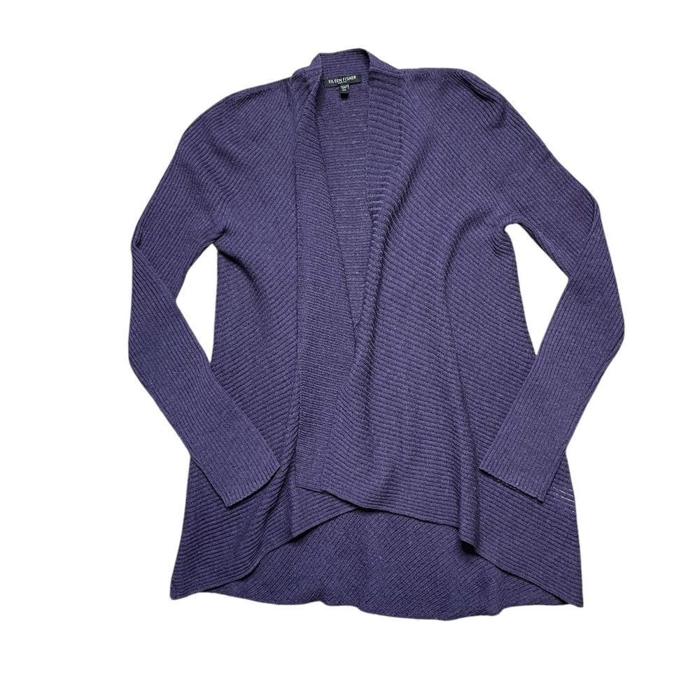 NWOT EILEEN FISHER Wool Ribbed Cardigan Sweater Dark Purple Size Medium Petite